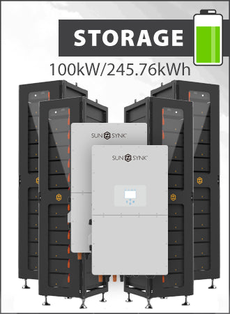 Image of Sunsynk 2x50kW 3PH Hybrid Inverter with 245.76kWh Battery, perfect for solar panel installations and battery storage.