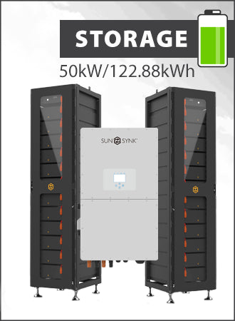 Image of Sunsynk 50kW 3PH Hybrid Inverter with 122.88kWh Battery, perfect for solar panel installations and battery storage.