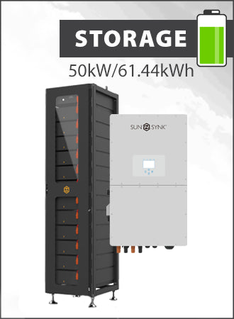 Image of Sunsynk 50kW 3PH Hybrid Inverter with 61.44kWh Battery, perfect for solar panel installations and battery storage.